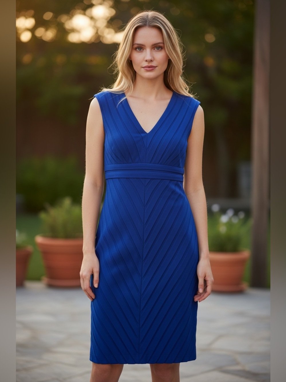 Adrianna Papell Royal Blue V-Neck Sleeveless Midi Dress. Women’s Size 4